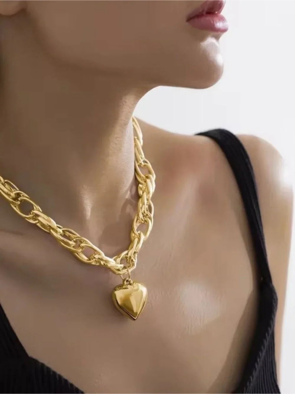 Shiny Gold tone Chunky Chain Necklace with Heart Pendant